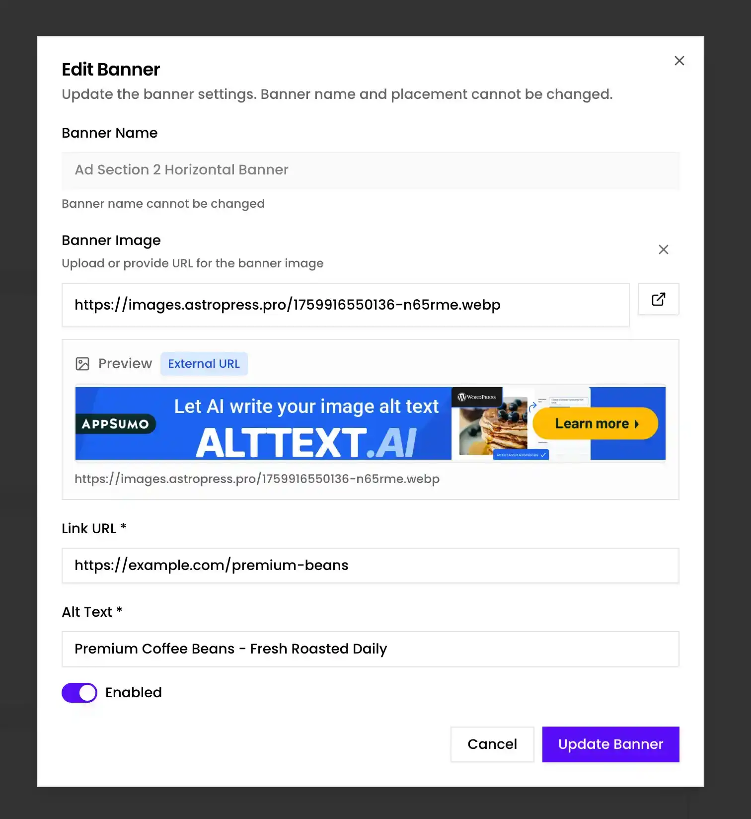 Edit Banner Update the banner settings